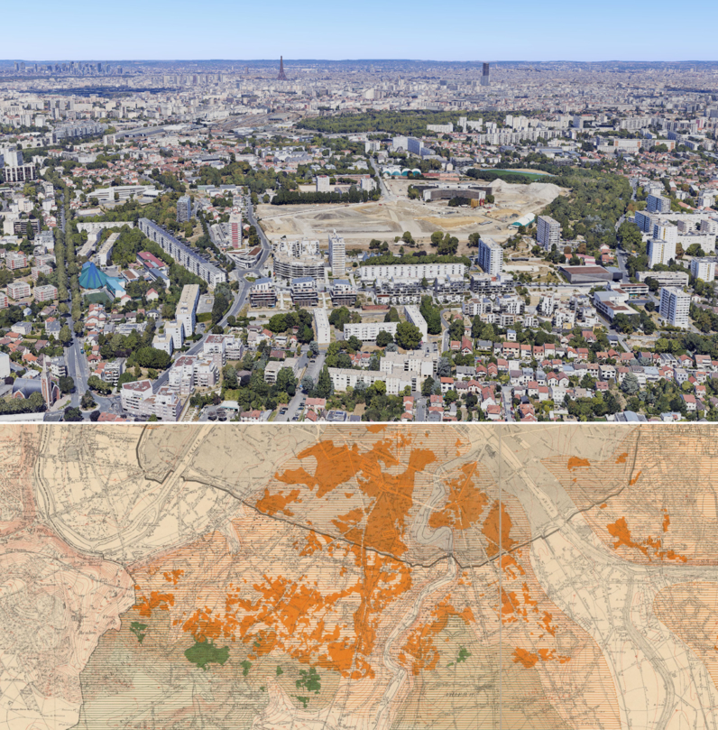 Source Gallica bnf - Plan d'ensemble des carrières souterraines de Paris et du Département de la Seine sous la dir. de M Octave Keller, 1889 - Source google maps Vue de Bagneux vers Paris, 2025.